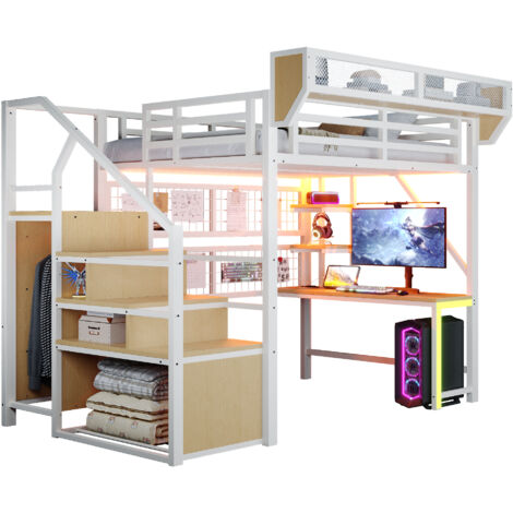 Lit mezzanine 140x200 cm avec bureau étagère filet de rangement prise électrique éclairage led, échelle sécurisée barrière haute, gain de place, blanc