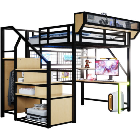 Lit mezzanine 140x200 cm avec bureau étagère filet de rangement prise électrique éclairage led, échelle sécurisée barrière haute, gain de place, noir
