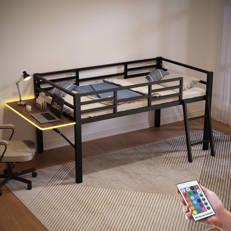 Lit mezzanine 90x200 cm, avec bureau rabattable, led, escalier, cadre en métal, sommier à lattes en bois, clôture de sécurité, lit enfant princesse