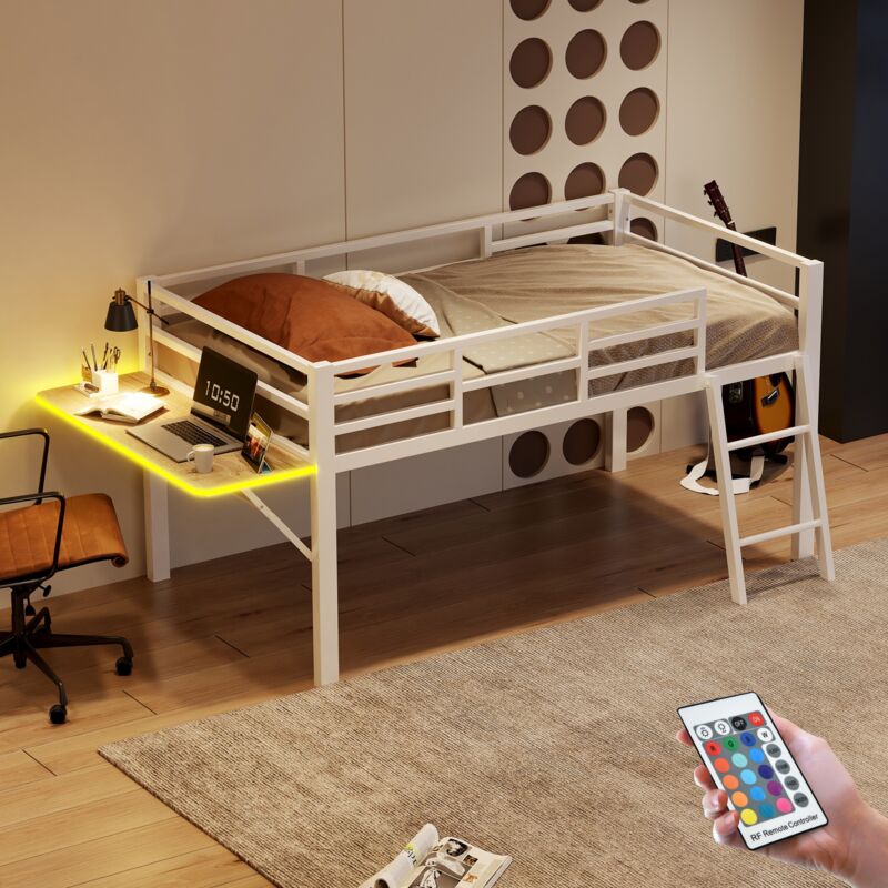 Lit mezzanine 90x200 cm, avec bureau rabattable, led, escalier, cadre en métal, sommier à lattes en bois, clôture de sécurité, lit enfant princesse