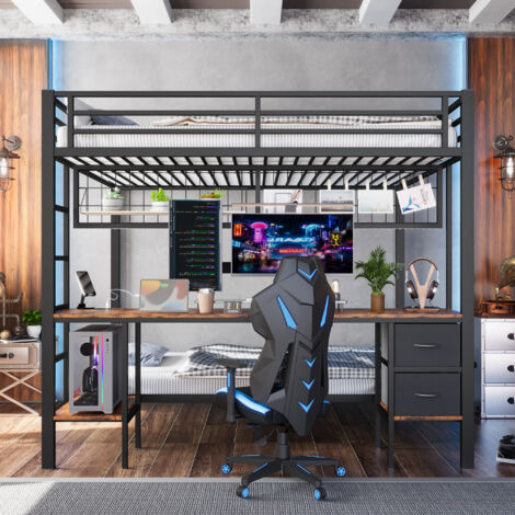 Lit Mezzanine 140x200 cm avec Cadre en Métal, Étagères, Tiroirs, Échelle, Grille Suspendue, Lumière LED Multicolore -  Noir