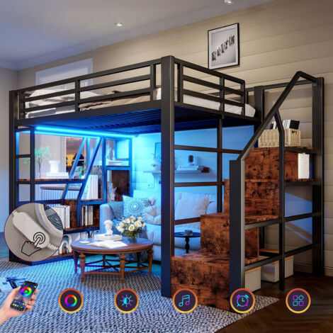 Lit mezzanine 140x200 cm avec échelle, LED, rangement sous lit et étagère intégrée, cadre en fer noir, lit superposé – BATDTECH