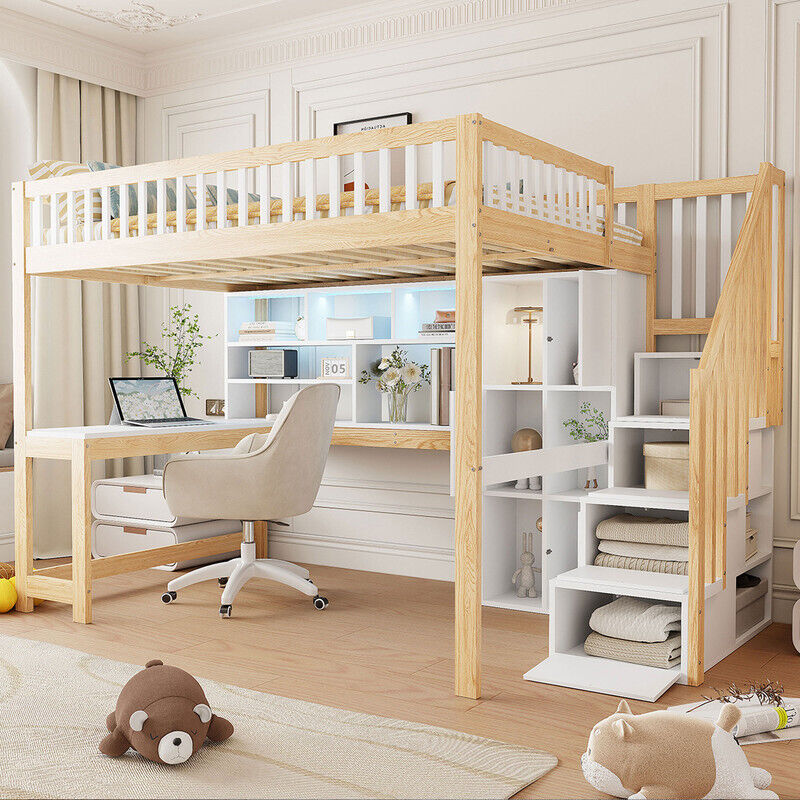Lit mezzanine 140x200 cm - avec éclairage LED - avec échelle de rangement et étagères - avec bureau - blanc+Naturel (matelas non inclus)