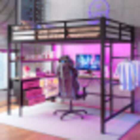 Lit mezzanine 140x200 cm avec éclairage LED, bureau, prise électrique et port USB, 3 tiroirs, étagères, rambarde et escalier, sans matelas, noir