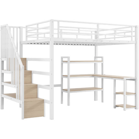 Lit mezzanine 140x200 cm avec escalier bureau rangements station usb éclairage led, lit coffre solution gain de place chambre ado adulte, blanc