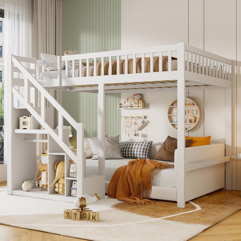 Lit mezzanine 90x200 cm avec escalier de rangement - Lit superposé enfant et ado avec garde-corps - Bois massif - Blanc