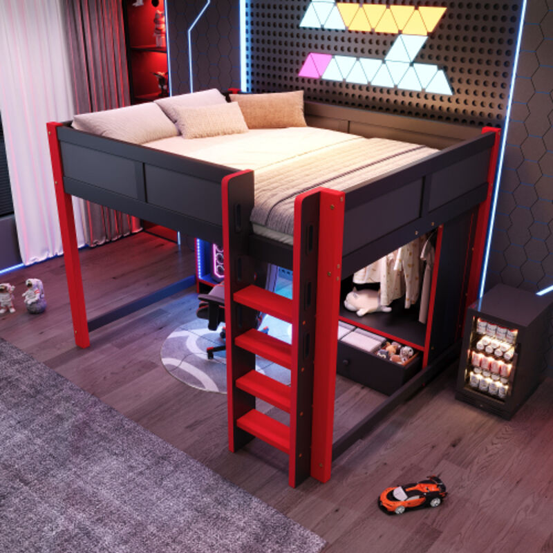 Lit mezzanine 140x200 cm - avec LED, bureau, armoire, étagères, tiroir et échelle - noir et rouge - en pin - sans matelas