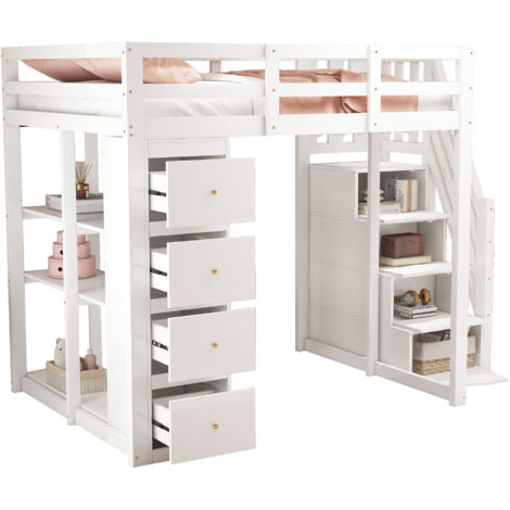 Lit mezzanine 140x200 cm en bois blanc avec tiroirs, étagères et échelle sécurisée de rangement, sommier à lattes inclus