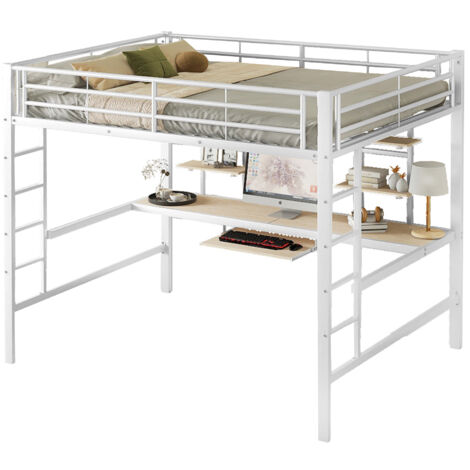 Lit mezzanine 140x200 cm en métal blanc avec bureau et 2 étagères, sommier inclus