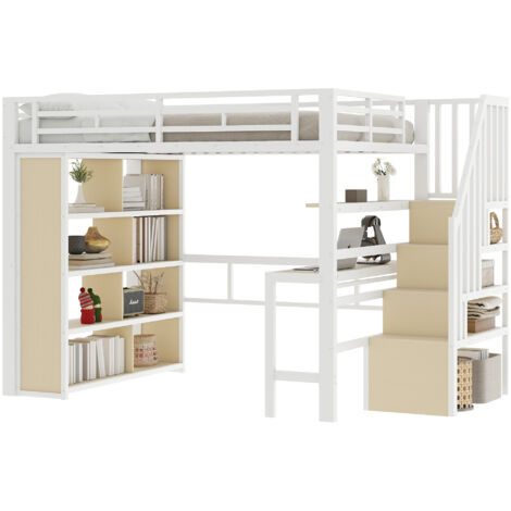 Lit mezzanine 140x200 cm en métal et MDF blanc avec bureau, rangements et bande LED