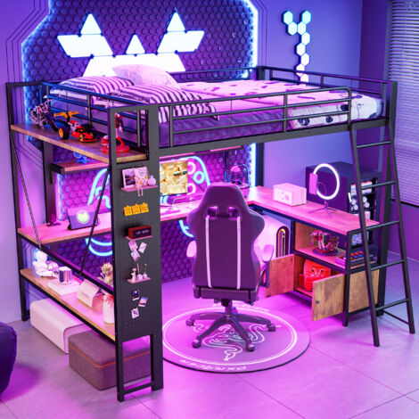 Lit mezzanine 140x200 cm lit adulte enfant avec bureau, LED, USB, rangements et étagères, métal noir