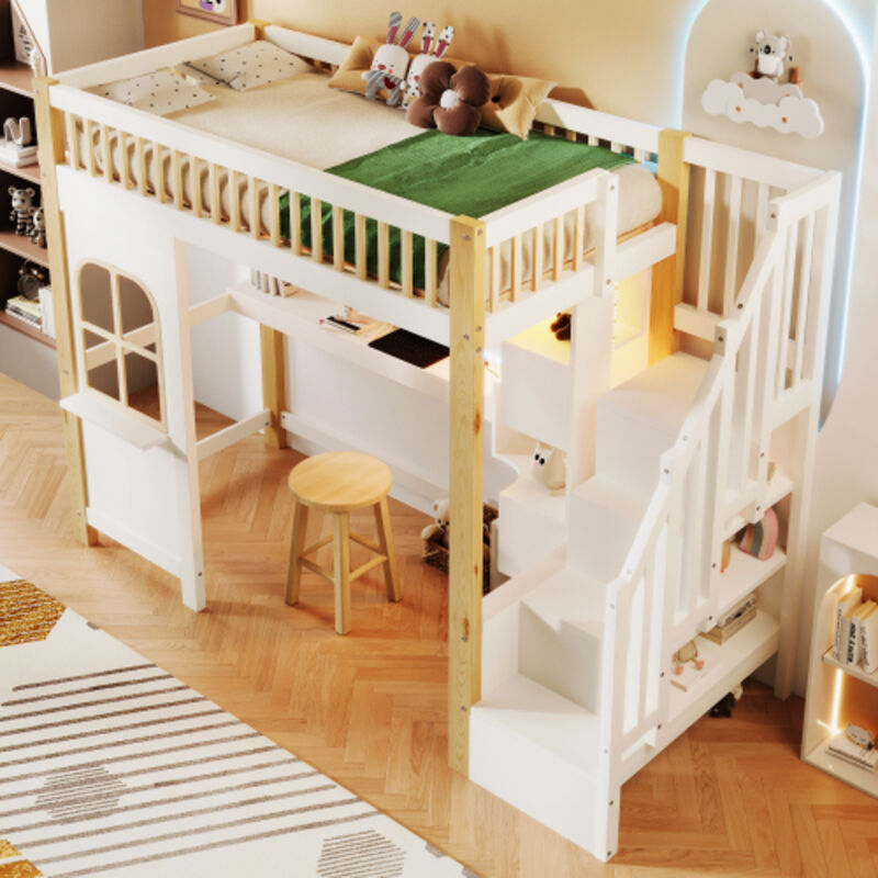 Lit mezzanine 90x200 cm, lit enfant avec LED, échelle de rangement, bureau et prise électrique, en bois, blanc et naturel, sans matelas