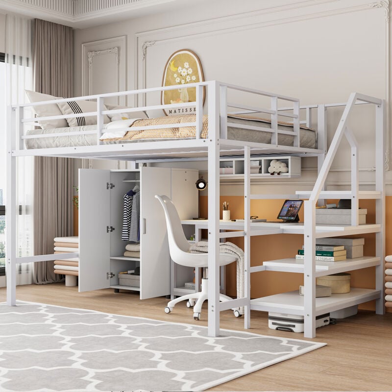 Lit mezzanine 140x200 cm, lit en fer, lit jeune, armoire, étagères, échelle de rangement, bureau (sans matelas), blanc