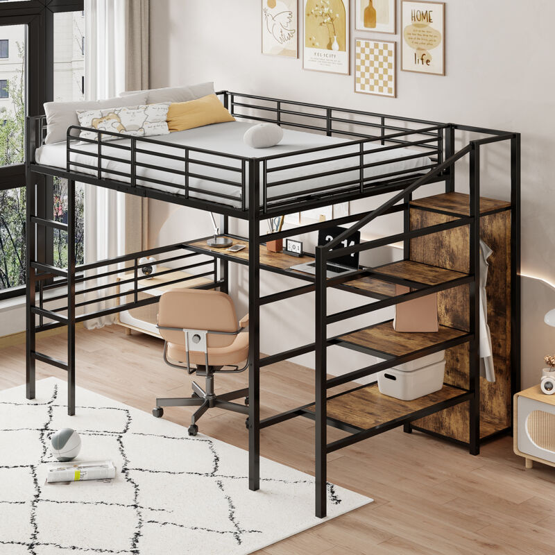 Hauss Spole - Lit mezzanine 140x200 cm, lit enfant avec bureau, armoire ouverte, étagère de rangement, lit en fer sans matelas, noir