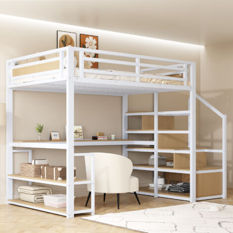 Lit mezzanine 140x200 cm, lit jeune, échelle de rangement, étagères et table, lit en fer, structure en métal, sans matelas, Blanc