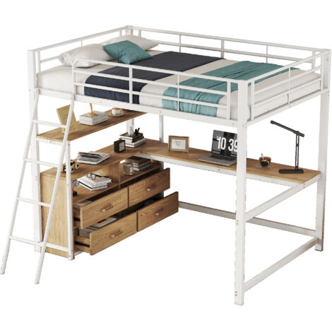 Lit mezzanine 140x200 cm métal et MDF blanc avec bureau d’angle en L et 4 tiroirs, sans matelas