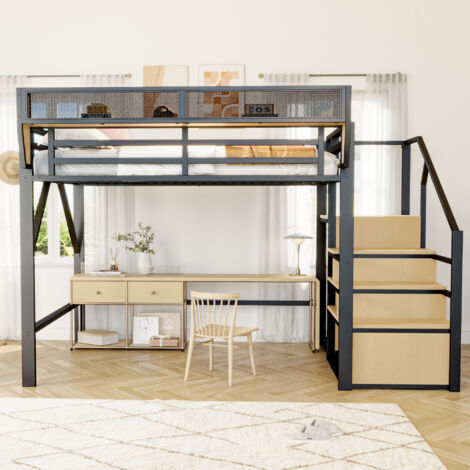 Lit mezzanine 140x200cm - avec échelle et compartiment de rangement flexible - en métal - noir