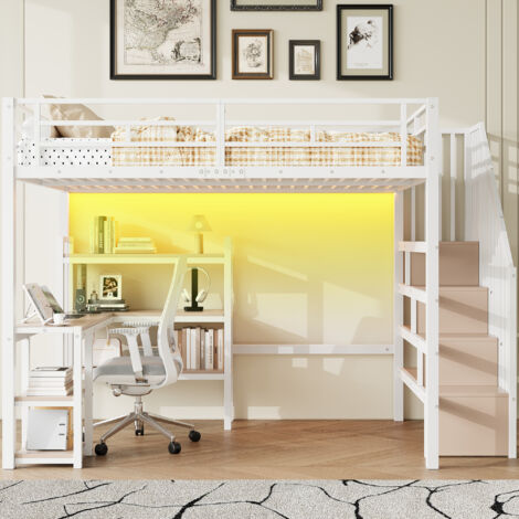 Lit mezzanine 140x200cm avec escalier, bureau intégré, compartiments de rangement, station de chargement USB et éclairage LED,métal, blanc