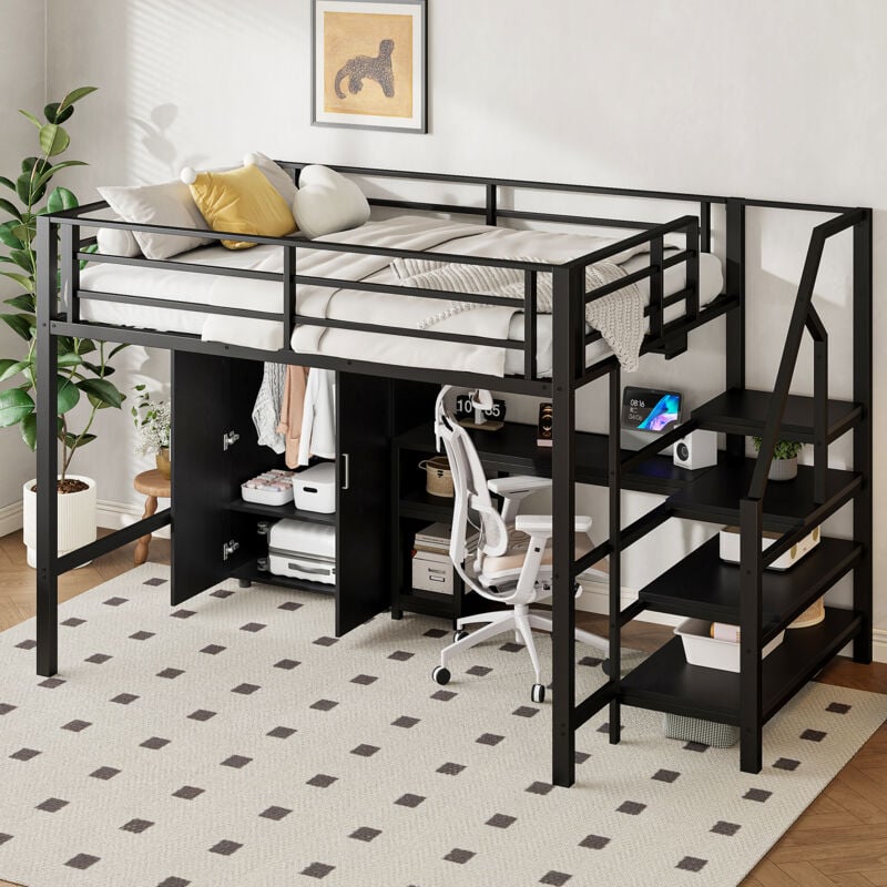 Modfu - Lit mezzanine 140x200cm avec penderie et bureau, en métal, sans matelas, lit simple, noir