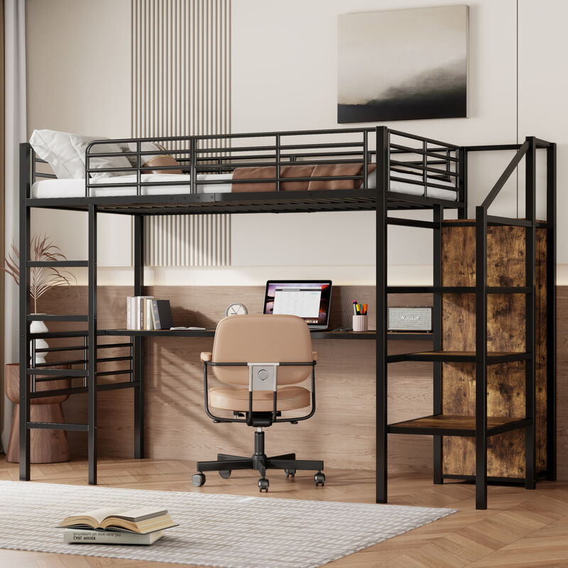 Modernluxe - Lit mezzanine 90x200cm en métal - avec bureau、armoire et échelle de rangement - Noir