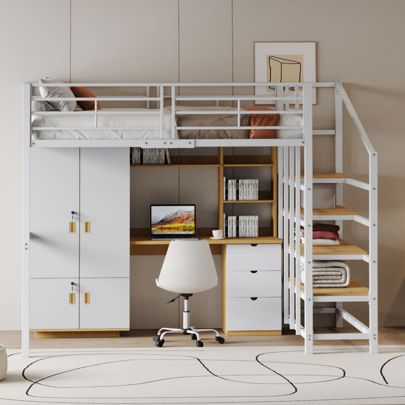 Modernluxe - Lit mezzanine 140x200cm en métal - avec étagères et échelle de sécurité - Blanc (matelas non inclus)