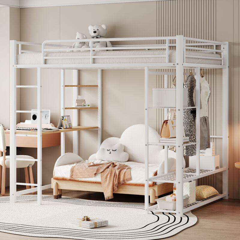 Modernluxe - Lit mezzanine 140x200cm en métal - avec table et étagères - Blanc