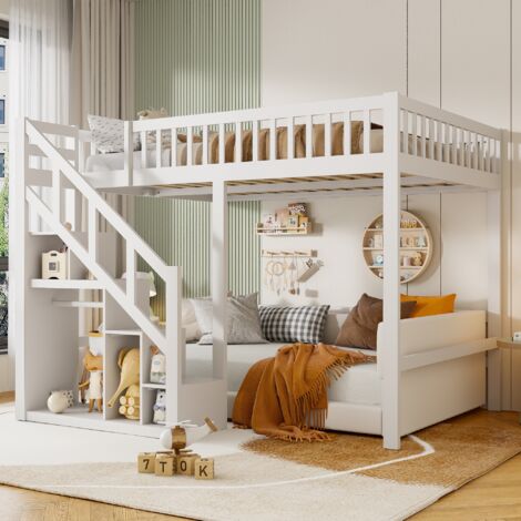 TANANT Lit mezzanine enfant 140x200cm - Escalier avec rangements, haute balustrade, sommier à lattes, lit adulte pour ado, style contemporain - Blanc