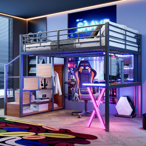Lit mezzanine 140x200cm, LED, échelle de rangement, avec bureau et armoire, sans matelas, métal, noir