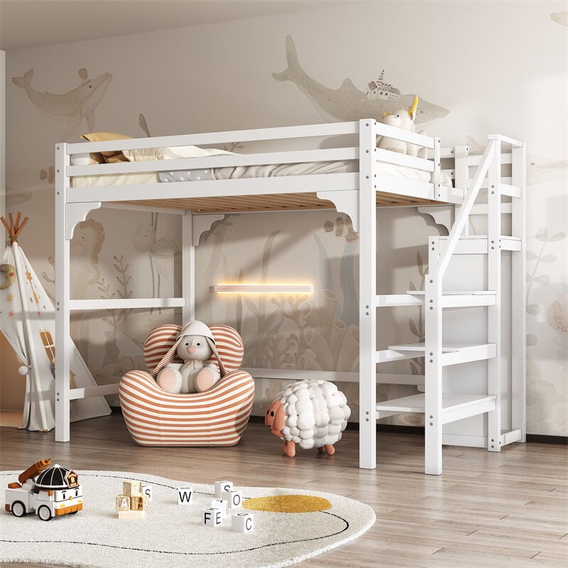 Fortuna Lai - Lit mezzanine 140x200cm, lit d'enfant avec sommier à lattes, escalier avec armoire de rangement, anti-chute, blanc