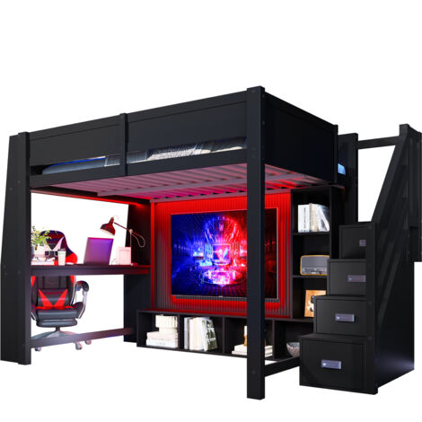 Lit mezzanine 140x200cm Lit effent avec éclairage LED avec bureau intégré et 3 échelle rangement - MDF - Noir