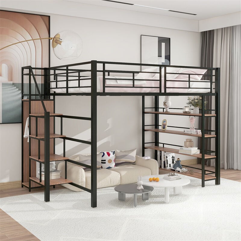 Fortuna Lai - Lit mezzanine 140x200cm, lit enfant avec échelles et étagères de rangement et petite penderie, design haute clôture, noir