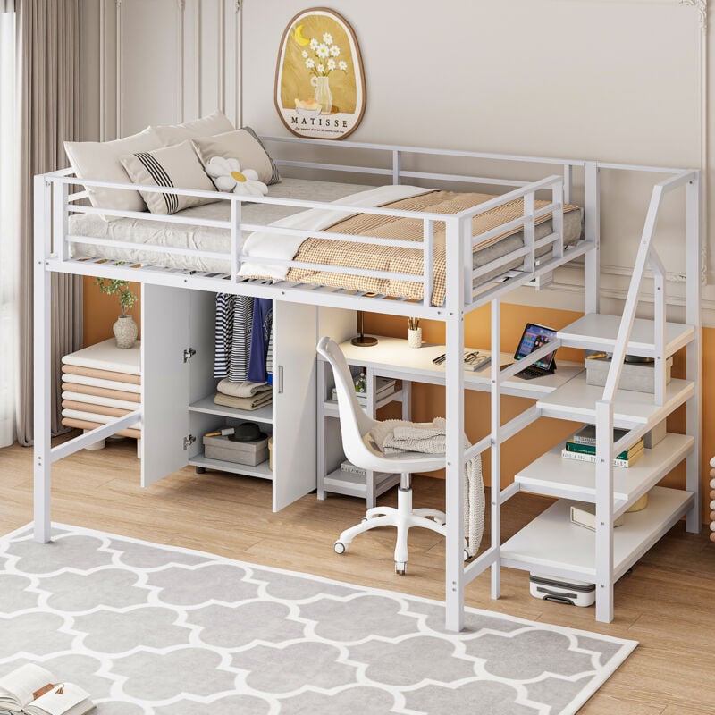 Hauss Spole - Lit mezzanine 140x200cm, lit enfant avec penderie + bureau + étagère de rangement, snas matelas, cadre de lit en fer, blanc