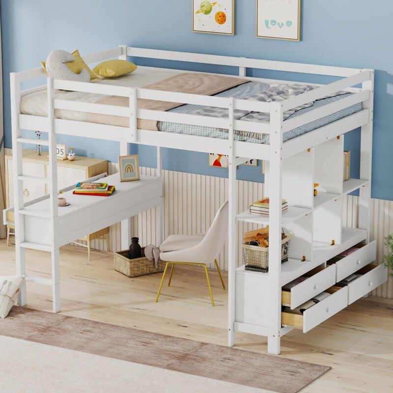 Hauss Spole - Lit mezzanine 140x200cm, lit enfant avec tiroirs de rangement et bureau sous le lit, sans matelas, blanc