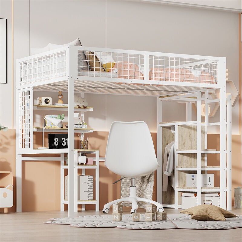 Lit mezzanine 140x200cm, lit enfant en fer, avec échelle de sécurité, table d'ordinateur, étagère de rangement, treillis métalliques, blanc