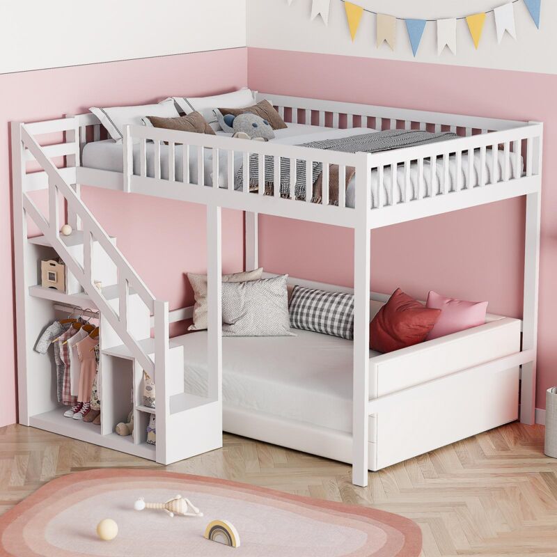 Lit Mezzanine 140x200cm - Lit Enfant Multifonctionnel 140x200cm avec Escalier de Rangement et Barrière Haute – Finition Blanche