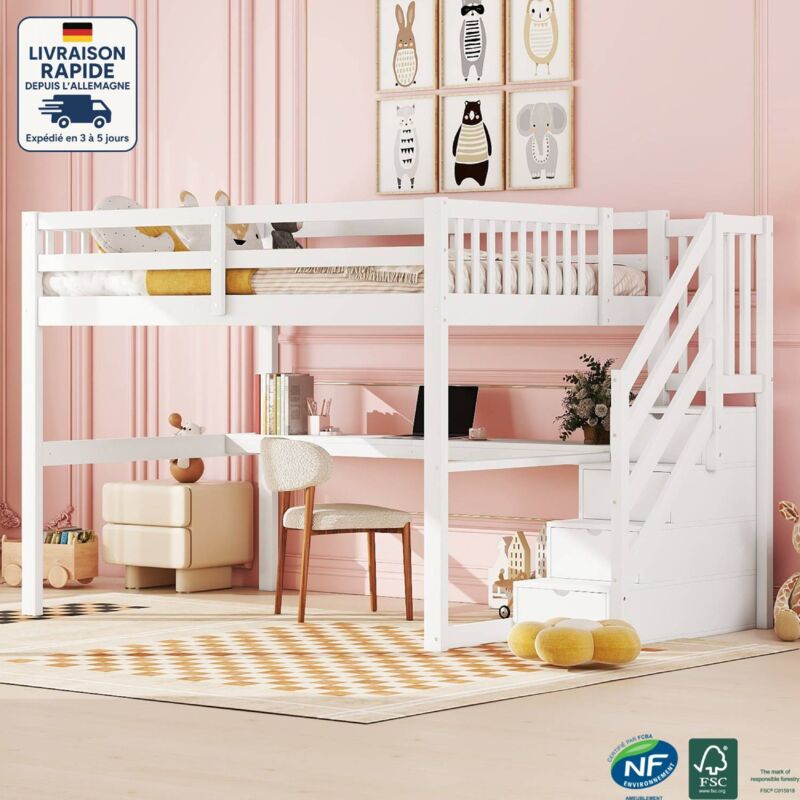 Modfu - Lit mezzanine 140x200cm, pin, lit enfant avec bureau, escalier avec rangement, sans matelas, blanc