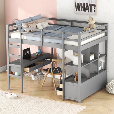 FORTUNA LAI Lit mezzanine 140x200cm pour enfant - lit surélevé avec tiroirs de rangement, bureau et bibliothèque de rangement sous le lit - gris