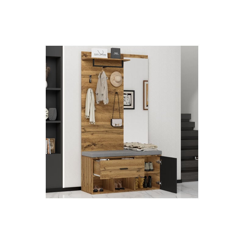 Modfu - Vestiaire d'entrée 190 cm, banc à chaussures avec coussins gris, miroir, tiroirs, étagères, crochets, noir et chêne