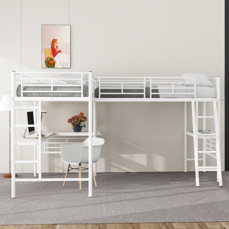 Modernluxe - Lit mezzanine - 2 lits 90x200 cm - 2 bureaus sous le lit - Blanc