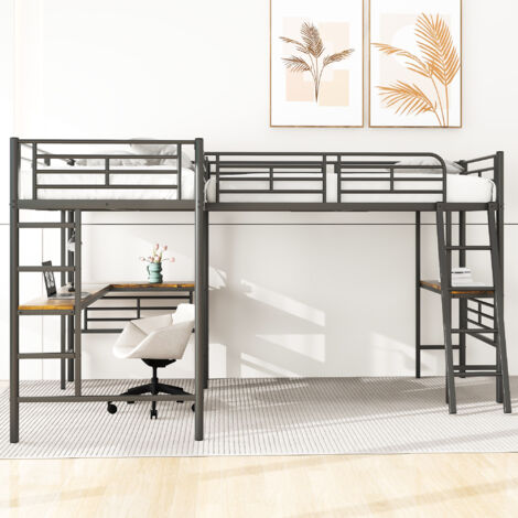 Lit mezzanine - 2 lits 90x200 cm - 2 bureaus sous le lit - Noir
