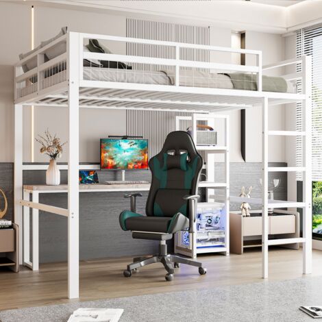 Lit Mezzanine 2 Places-Lit Double surélevé avec Bureau-Étagères-Garde-corps-Échelle-Cadre Fer-USB-C-204x144x180(cm)-Sans Matelas