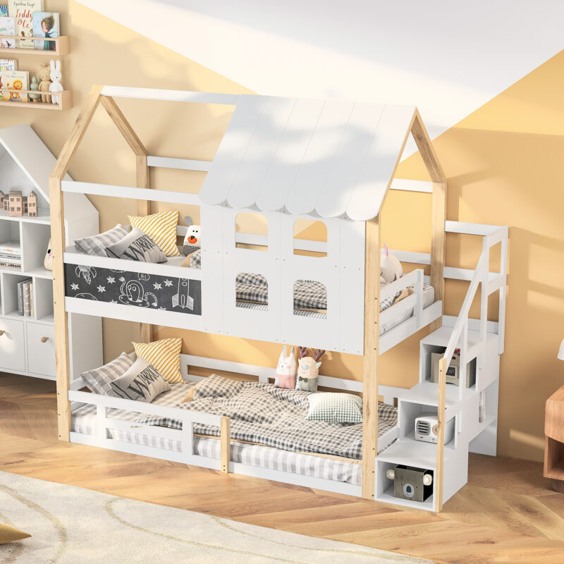 Lit mezzanine 2 places,Lit superposé 90x200, lit cabane enfant,escalier de rangement,norme EN747,avec fenêtre et garde-corps,tableau noir,pin,blanc +