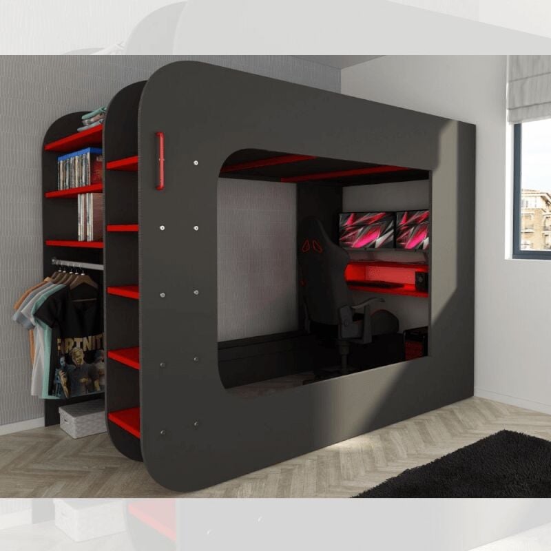 Iperbriko - Lit mezzanine 5000 avec gamer station rouge anthracite