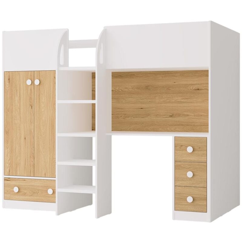 Vente-unique - Lit mezzanine 90 x 190 cm avec armoire et bureau - Blanc et naturel - cinamo