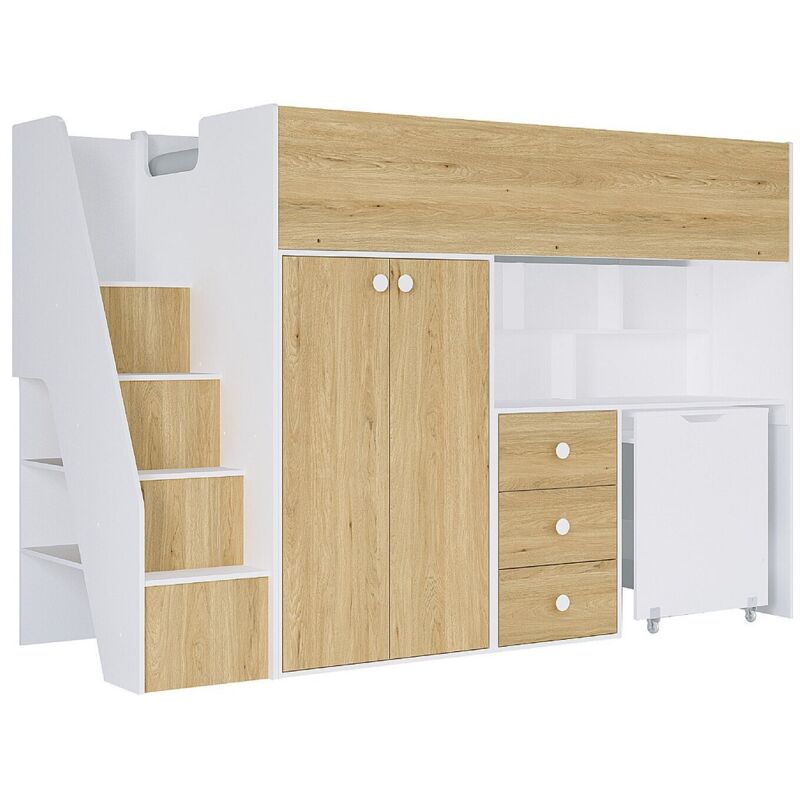 Vente-unique - Lit mezzanine 90 x 190 cm avec armoire et bureau - Blanc et naturel - lanilato