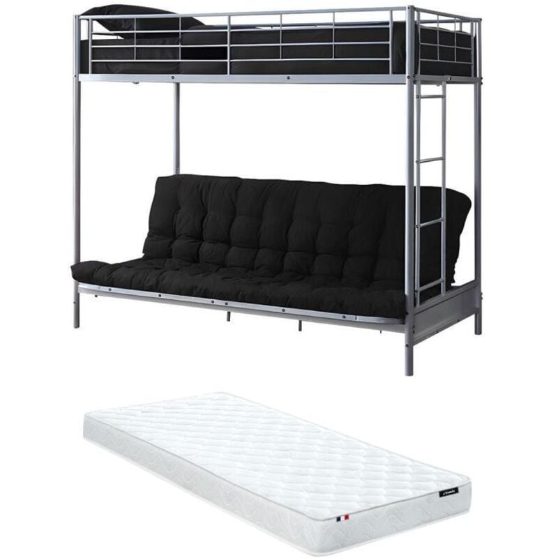 Vente-unique - Lit mezzanine 90 x 190 cm - Avec banquette convertible - Métal - Argent + Futon + Matelas - modulo v