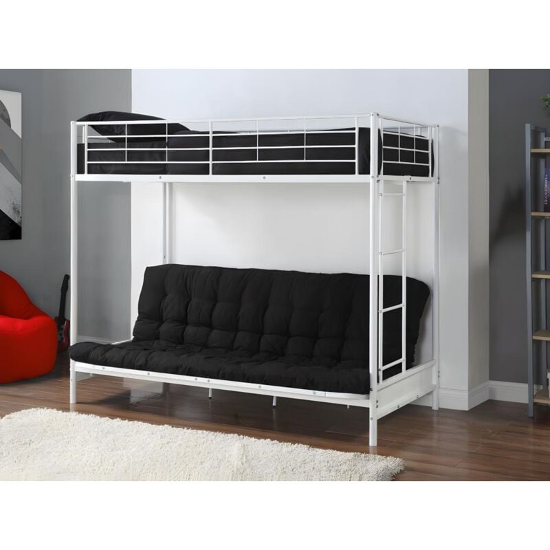 Vente-unique - Lit mezzanine 90 x 190 cm - Avec banquette convertible - Métal - Blanc + Futon noir - modulo v