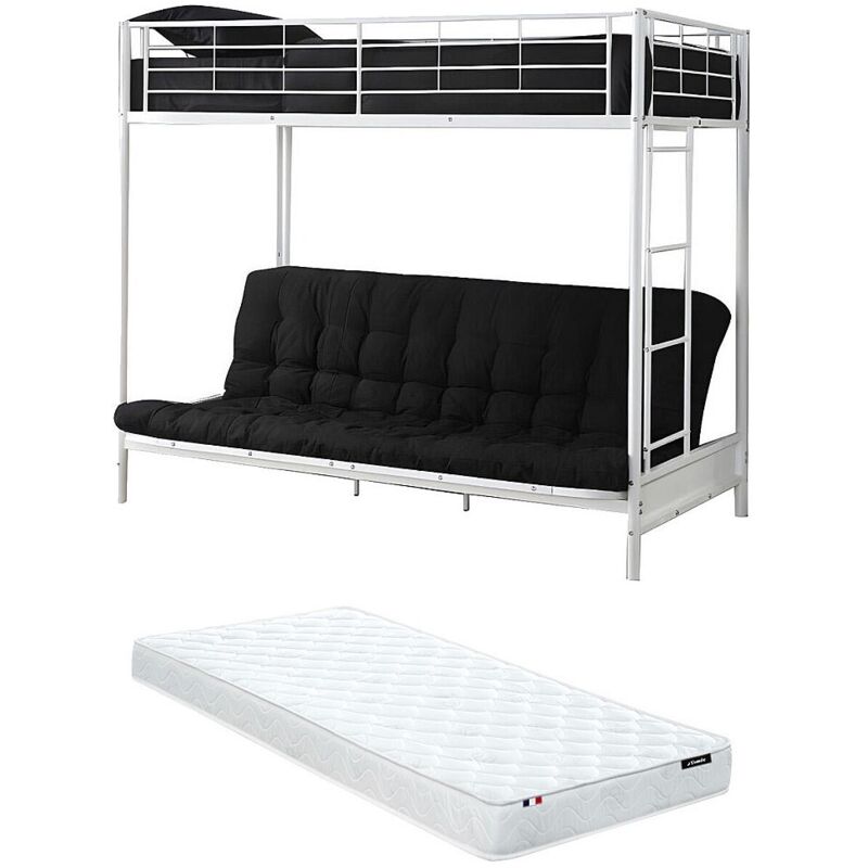 Vente-unique - Lit mezzanine 90 x 190 cm - Avec banquette convertible - Métal - Blanc + Futon + Matelas - modulo v