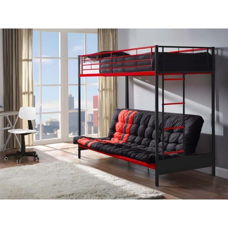 Vente-unique - Lit mezzanine 90 x 190 cm - Avec banquette convertible - Métal - Noir et rouge + Futon - modulo v