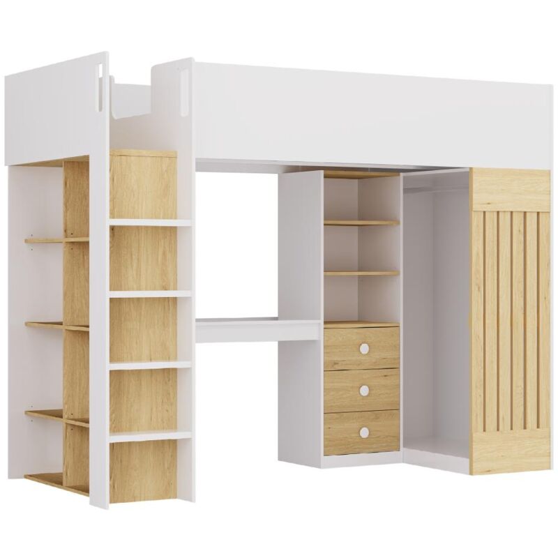 Vente-unique - Lit mezzanine 90 x 190 cm avec bureau et penderie - Coloris : Blanc et naturel - lorinti